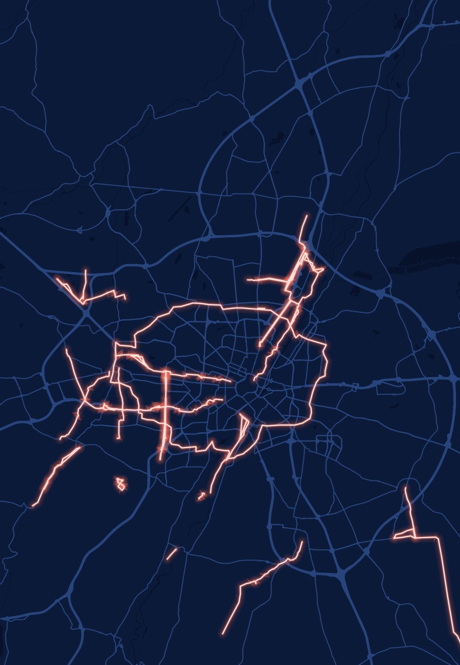 Cycling routes around Munich, drawn as glowing lines on a dark map